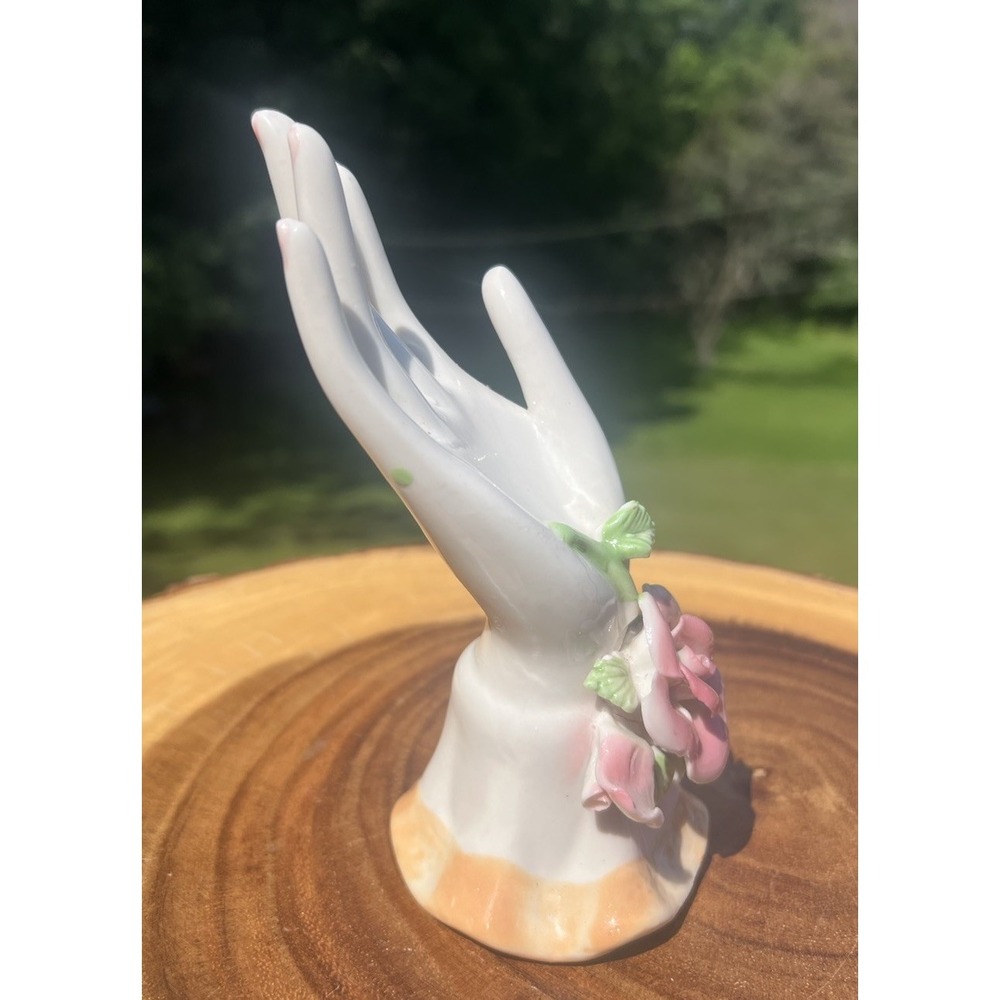 Vintage K's Collection Porcelain Hand Ring Holder Pink Roses Jewelry Display
